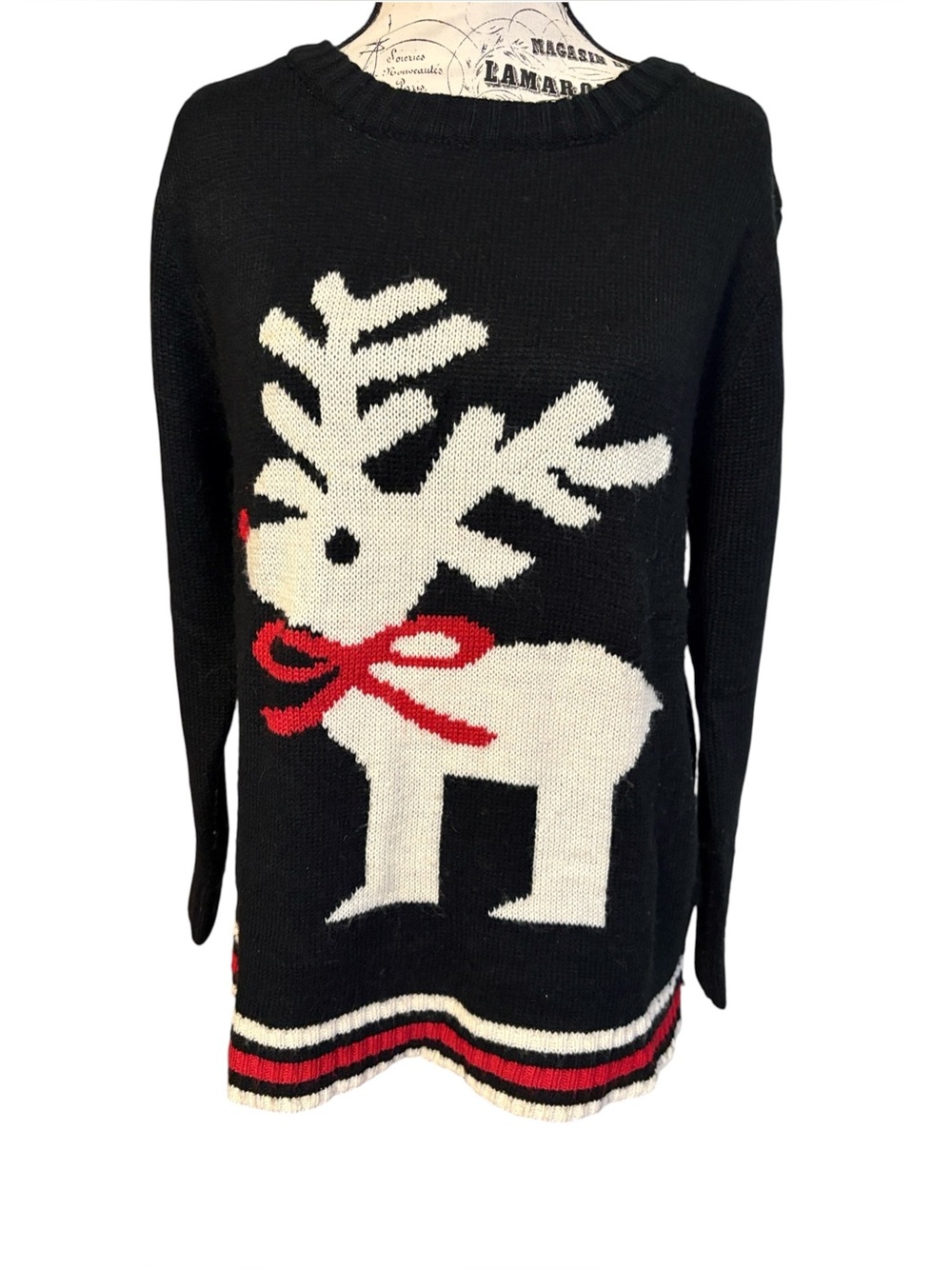 Meaneor Holiday Reindeer Knit Sweater Black White Red Size M